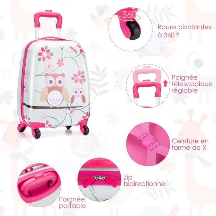 Valise Trolley pour Enfants - COSTWAY - Motif Hibou Mignon - Rose - ABS - 4 roulettes-3
