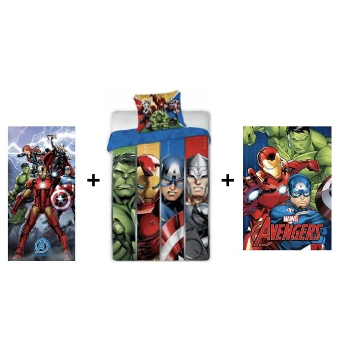 Avengers Marvel - Ensemble parure de couette 140 x 200 cm + Plaid 100 x 140 cm + Serviette 70 x 140 cm-0