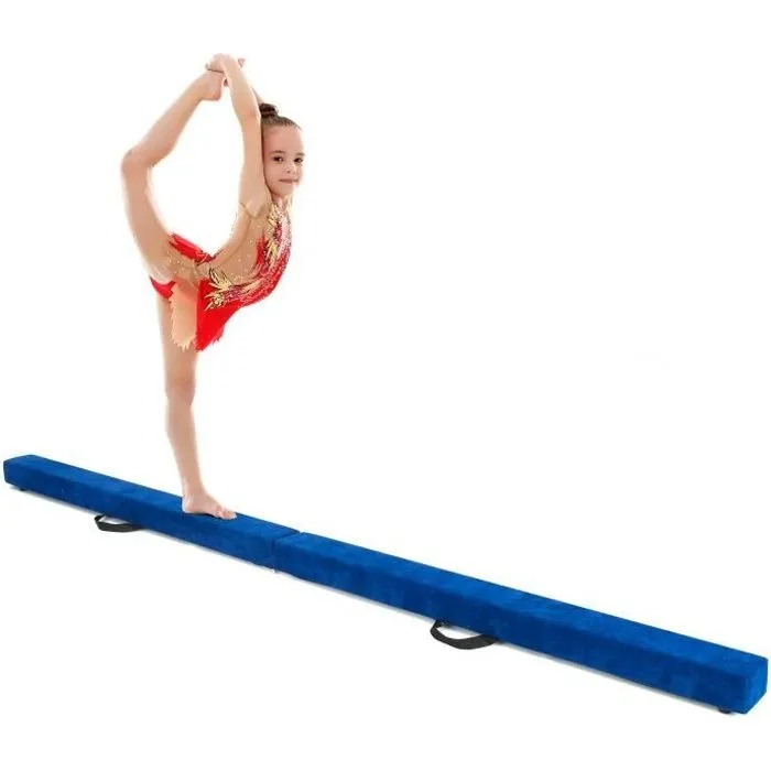 COSTWAY Poutre de Gymnastique Pliable 210cm pour Enfants avec Poignées de Transport 4 Patins Antidérapants Couverture en Daim Bleu-0