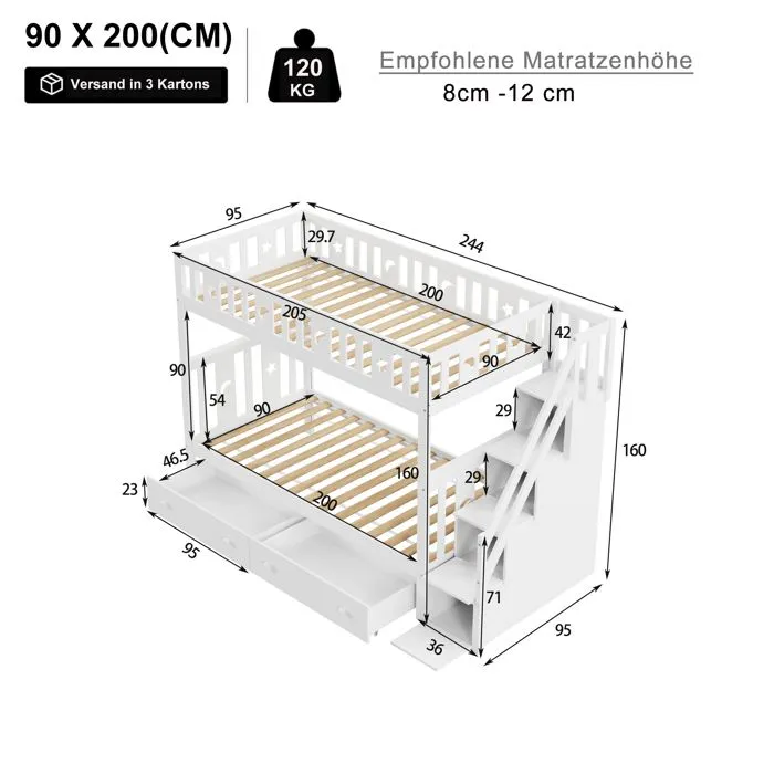 Lit superposé en bois massif  90x200 cm- avec escalier de sécurité - escalier de rangement - 2 tiroirs - sommier à lattes - blanc-5