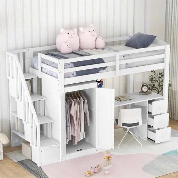 Lit mezzanine 90 x 200 avec penderie et escalier, bureau et tiroirs et armoire tout en un, blanc-0