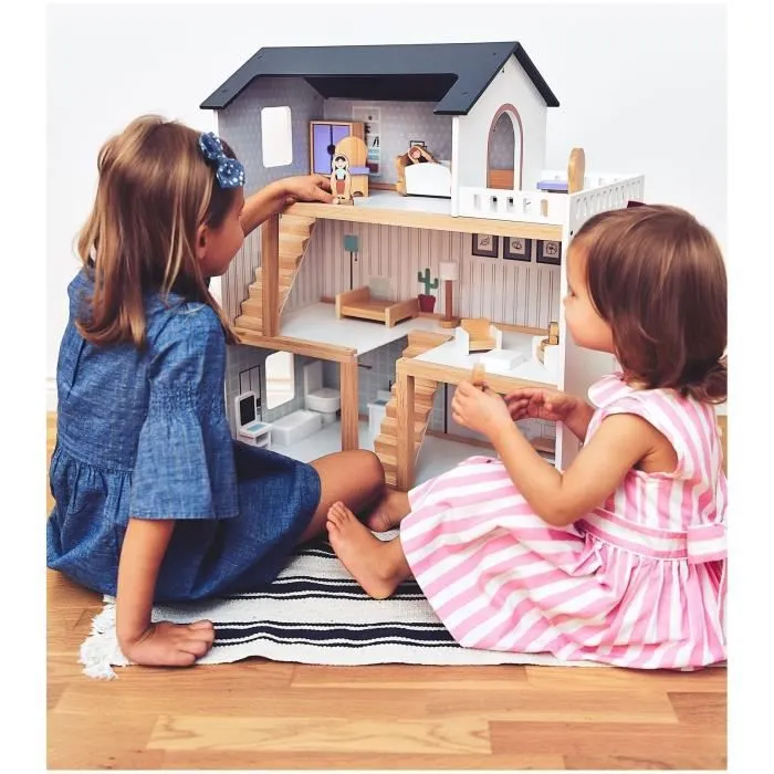 Mamabrum Maison de Poupées en Bois avec Grande Terrasse 4 Figurines, 3 Etages, 2 Chambres, Cuisine, Salon & 19 Pièces Mobiles (CE)-1