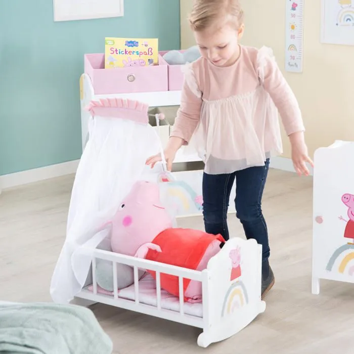 Berceau de Poupée Peppa Pig en Bois - Linge de Lit Inclus - Motif Truie - Nurserie poupon - Blanc - Rose - ROBA-5