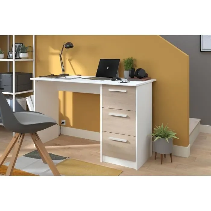 Bureau droit ESSENTIEL - 3 tiroirs - Décor chêne et blanc - L 121,2 x P 55 x H 74,5 cm - PARISOT-1