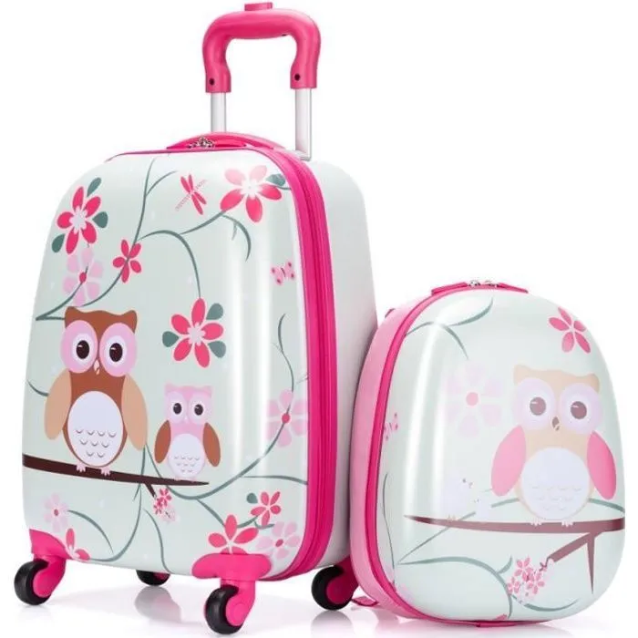 Valise Trolley pour Enfants - COSTWAY - Motif Hibou Mignon - Rose - ABS - 4 roulettes-0