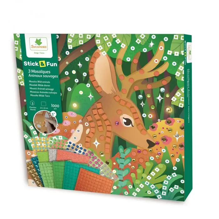 Jeu éducatif - Stick n Fun - 3 Mozaïques - Animaux sauvages - 1000 gommettes brillantes - 22x22cm-0