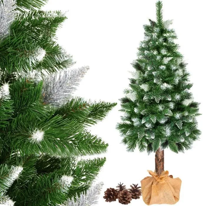 Sapin de Noël artificiel - SPRINGOS - 180 cm - Tronc en bois naturel - Neige artificielle - Pommes de pin-1