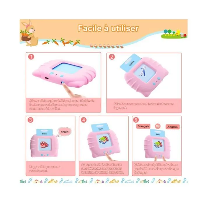 Jouets éducatifs - Français Standard - Cartes Flash Parlantes - Protection des yeux - 224 Mots - Rose-3