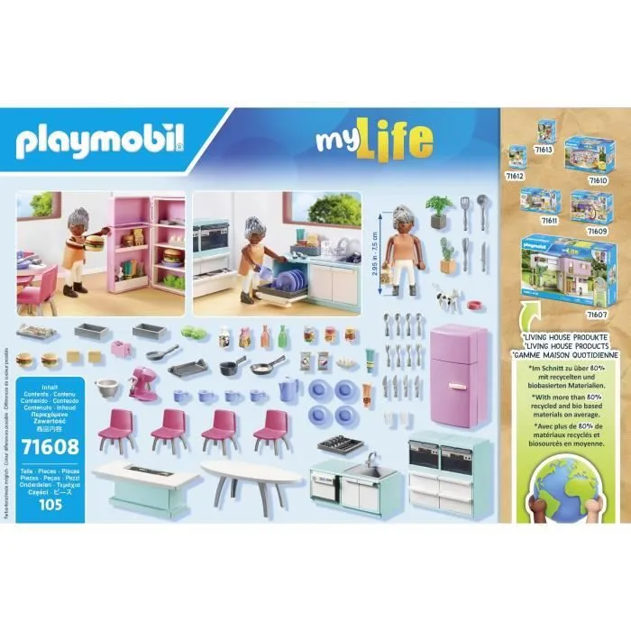 PLAYMOBIL 71608 Cuisine avec ilôt central, My life, Maison d'architecte, 105 pièces, Dès 4 ans-5