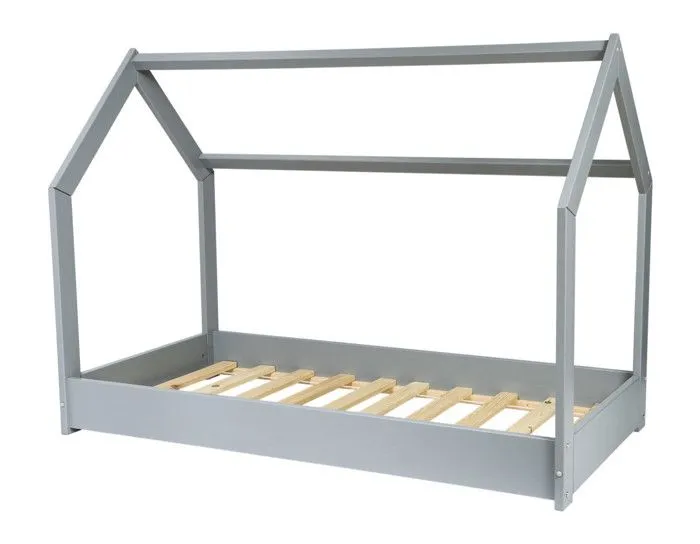 Lit pour enfant maison 2-en-1 Avec matelas : Cabane Ludique en Bois Naturel 160x80 cm - Gris-1