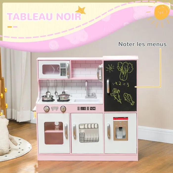 Cuisine enfant AIYAPLAY jouet d'imitation - dinette enfant de 3-8 ans téléphone, tableau noir, micro-ondes, cuisinière, évier, rose-4