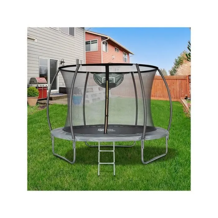 Trampoline avec filet intérieur et panier de basket "jumper" Ø3,05 - Gris-1