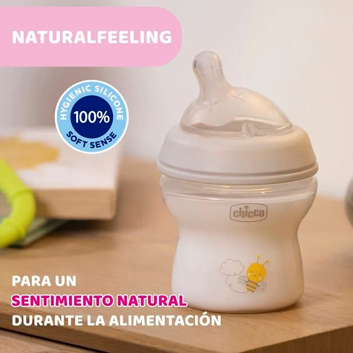 Chicco Natural Feeling Biberon Anti-Colique 0M plus 150ml Biberon avec Tetine en Silicone - Flux lent - Couleur Neut-3