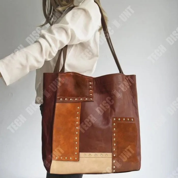 TD® Mode rétro européenne et américaine Rivet contraste couleur couture une épaule Portable fourre-tout femme grande capacité sac-2