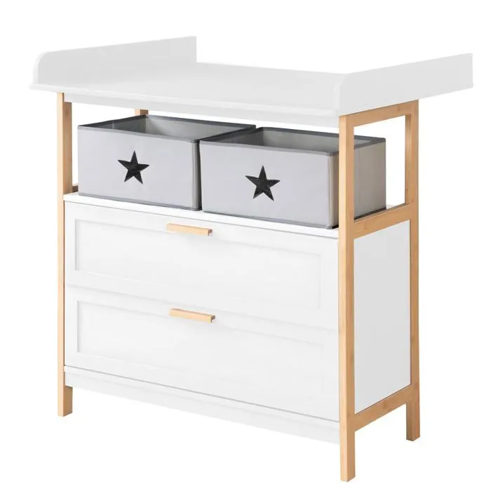 Commode à Langer ROBA - Berlin - 2 Tiroirs + 2 Boîtes de Rangement en Tissu - Meuble à Langer Évolutif - Blanc - Bambou-0