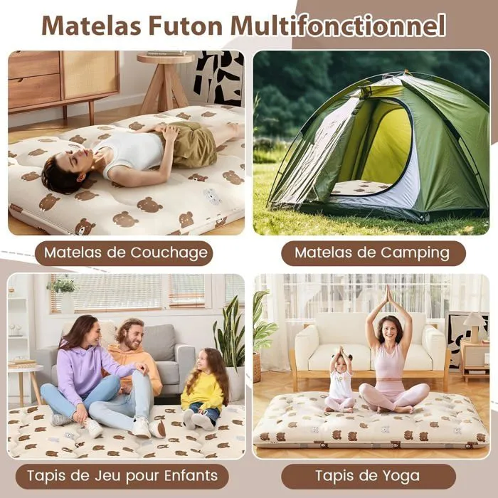 COSTWAY Matelas Futon Japonais 140x200CM - Surmatelas Amovible, Matelas de Sol Pliable - Maison, Camping-car, Dortoir - Ours Brun-1