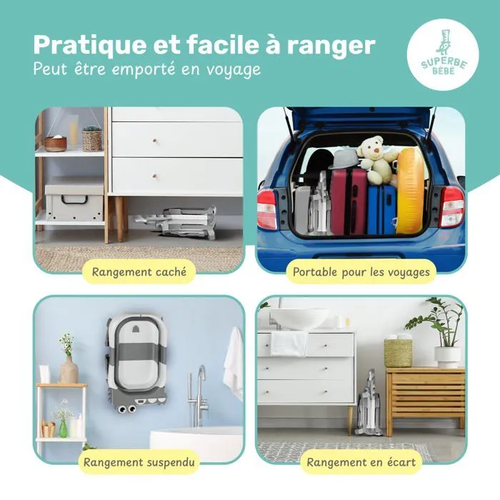 Baignoire bébé pliable - Thermomètre et coussin inclus - DINO - Grey | SUPERBE BEBE-5
