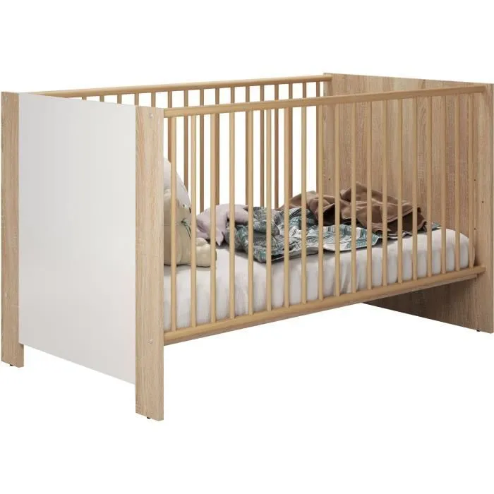 Chambre bébé duo PIA - Lit 70x140 cm + Commode à langer 2 portes - Décor chêne sonoma et blanc mat - TRENDTEAM-2