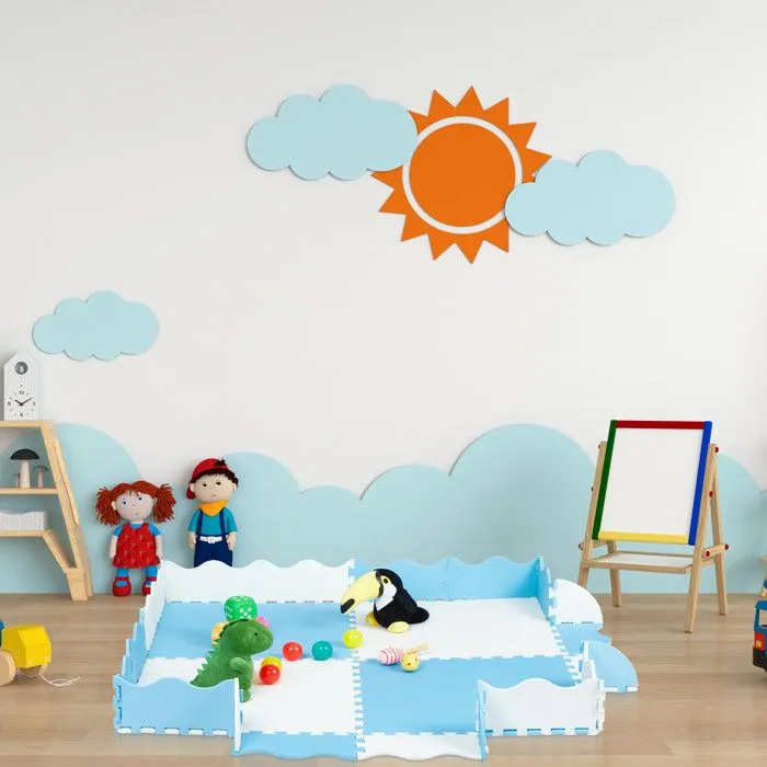 Relaxdays Tapis de sol puzzle avec bord, 120x120 dalle mousse EVA, bébé éveil, sans polluants, 24 pièces, bleu-blanc-1
