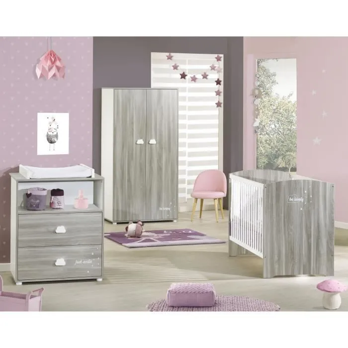 Chambre bébé complète - Lit 120x60, commode à langer et armoire - BABY PRICE - SMILE - Chêne silex-0