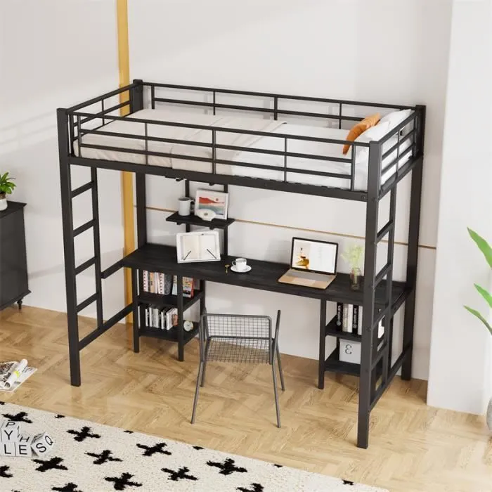 Lit mezzanine - Noir - 90x200cm - Avec table et étagères - Grille antichute - Métal et MDF-1