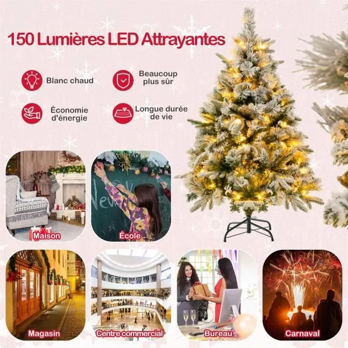 Sapin de Noël Artificiel LED 136 cm COSTWAY-Neige Blanche-150 Lumières Blanches Chaudes-384Branches en PE et PVC-Décoration de Noël-1