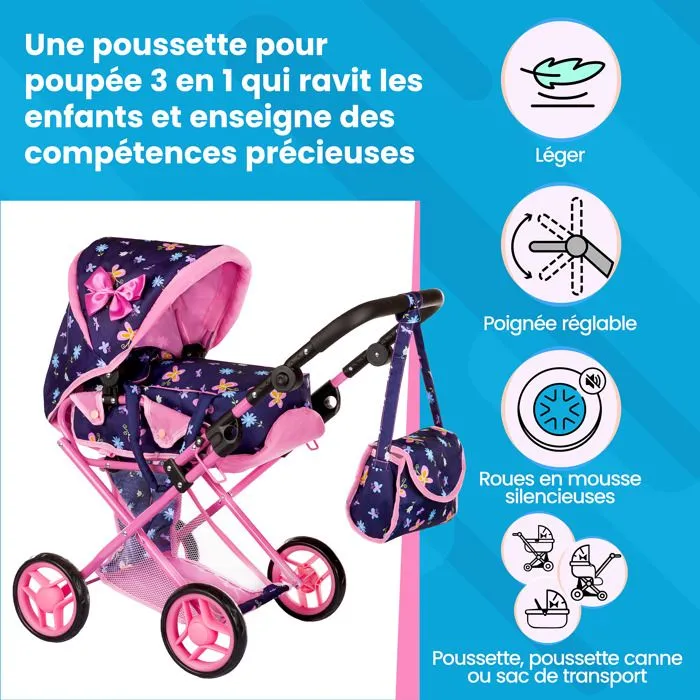 Kinderplay Poussette Jouet, Poussette Landau pour Poupée, Gondola, Combi Poignée Ajustable 32-63cm 2en1 KP0200T-2