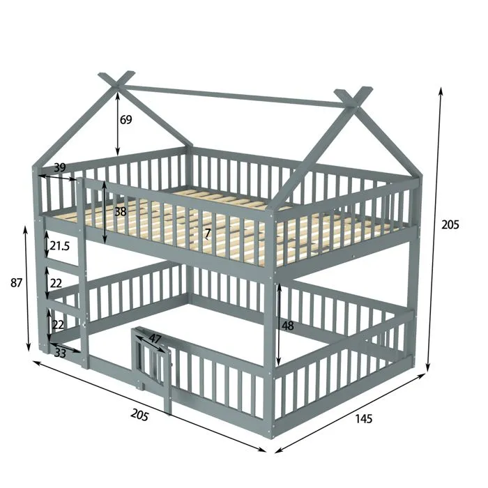 Lit superposé enfant 140x200cm - avec escalier - design loft - bois massif - gris-1
