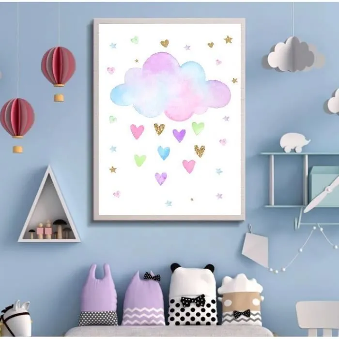 Toile Nuage et Coeur 50x70cm - Chambre Bébé Garcon Fille - Affiche Décorative Poster Décoration Maison-0