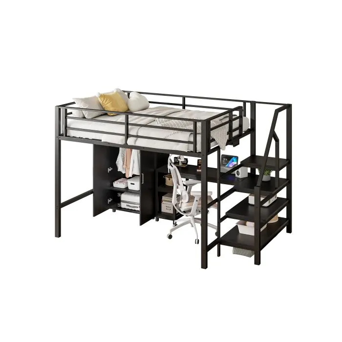 Lit mezzanine, 140*200cm , armoire, étagères, échelle de rangement, bureau, sans matelas, noir-3