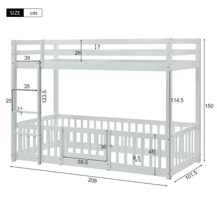 Lit superposé enfant 200 x 90 cm avec escalier, Lit enfant avec barrières et porte en bois massif, Blanc-3