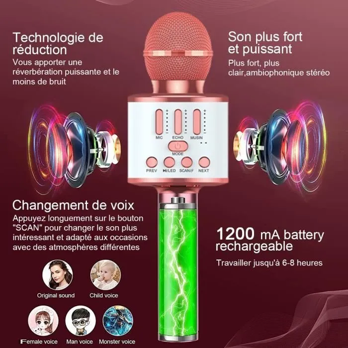 Microphone Sans Fil Karaoké Enfant avec Lumières LED - OUTAD - Q88 - Filtre anti-bruit - Changement de voix-1