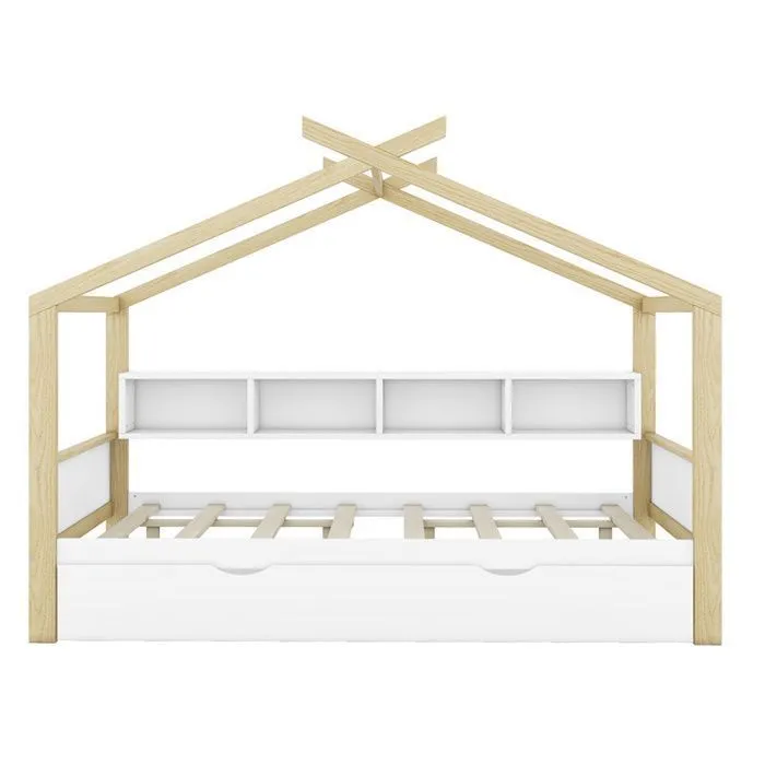 Lit cabane 140x200cm, lit de maison d'enfant, équipé d'un lit gigogne, 4 compartiments de rangement, blanc-4
