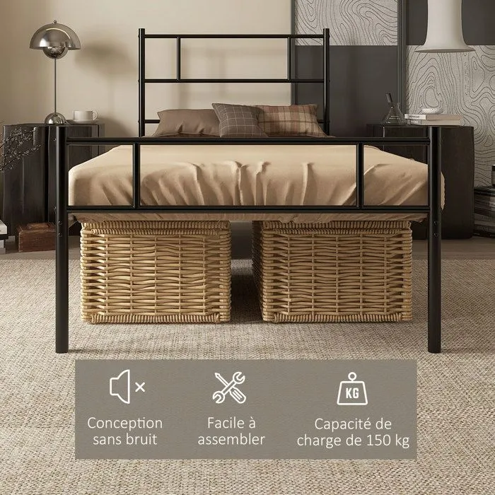Cadre de lit simple 90 x 190 cm - HOMCOM - sommier à lattes en acier, tête de lit et pied de lit - hauteur 31 cm rangement sous lit-5