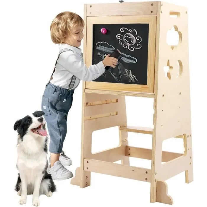Tour d'apprentissage Enfant Tour d'observation Montessori, Tour Bébé avec 2 Tableau Réinscriptible,3 Hauteurs Réglables,Bois Naturel-0