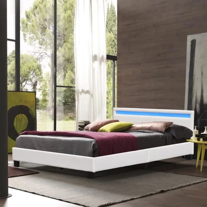 angel - Solide et Confortable Lit 140x190 avec Sommier Tte de Lit avec Eclairage LED Couleur BLANC Pieds en 10-1