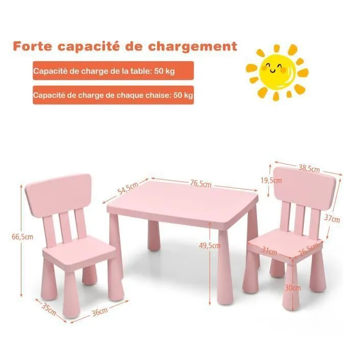 COSTWAY Table avec 2 Chaises pour Enfants 1-7 Ans, Dossier Ergonomique Hauteur Scientifique pour Manger Dessiner Écrire, Rose-3