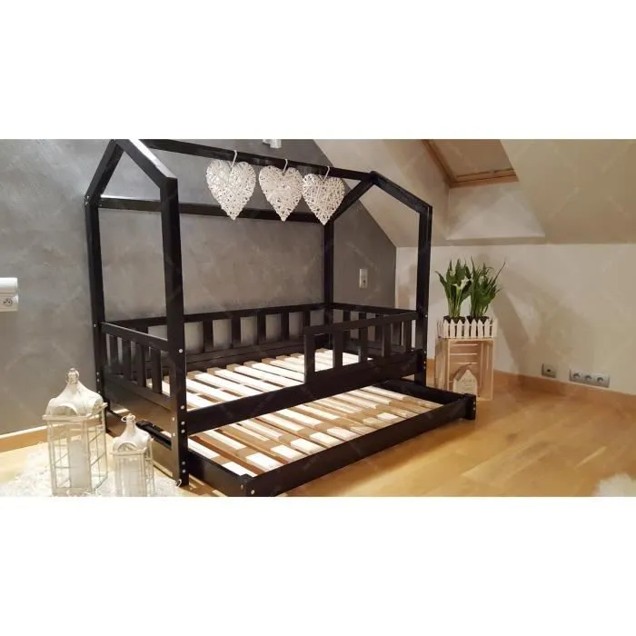 Lit Cabane - Oliveo - 160x70cm - Bois - Noir - Avec tiroir-3