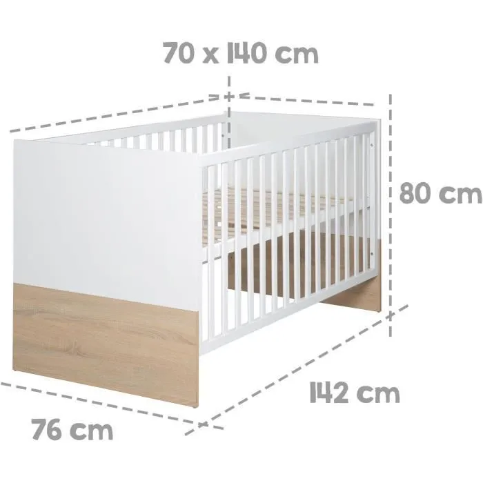 Chambre bébé complète - Lit évolutif 70 X 140 cm + Commode à langer + Armoire 3 portes - ROBA - Bicolore blanc / décor chêne clair-7