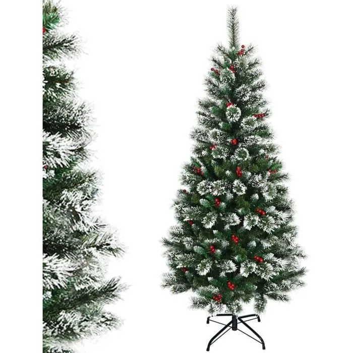 COSTWAY Sapin de Noël Artificiel 150cm avec Flocons de Neige Baies Rouges Dense Base en Métal PVC Design Dense Décoration de Fête-0