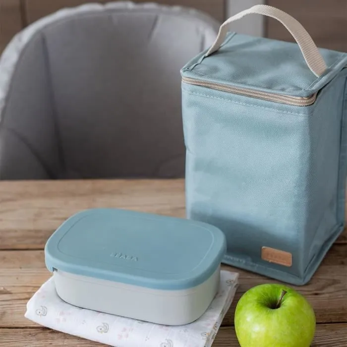BEABA, Boîte repas enfant en inox, couvercle en silicone et housse de protection, Gris velours et bleu-1