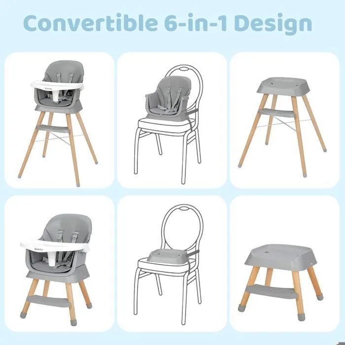 Chaise haute rehausseur, tabouret de bar, chaise haute multifonctionnelle 6 en 1, pieds en bois, à partir de 6 mois, gris-3