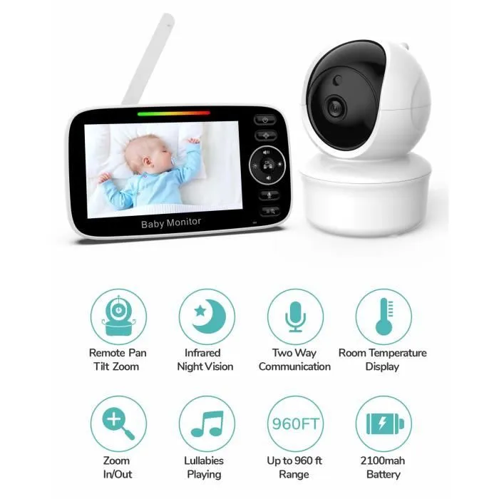 Babyphone, Écran LCD 4,3'' et Babyphone Camera de 2100mah, Bébé Moniteur avec VOX, Vision Nocturne, Communication bidirectionnelle-1