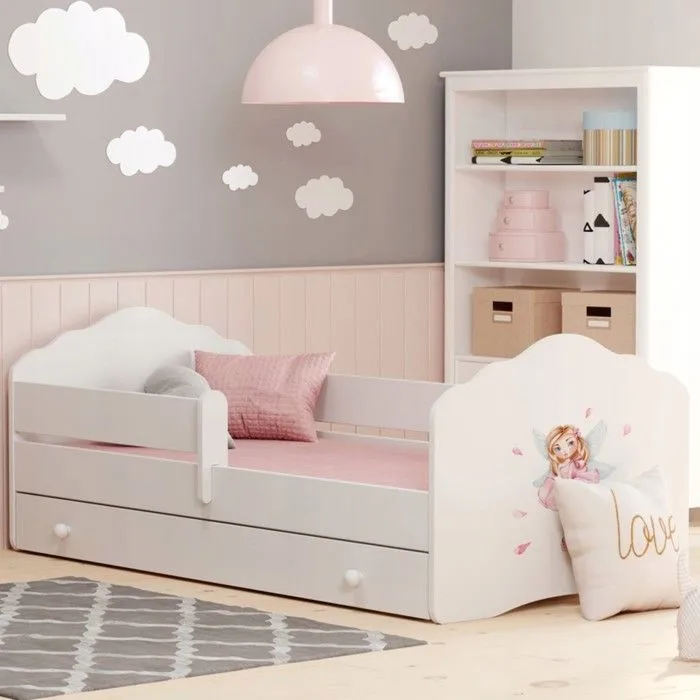 Lit enfant FALA 160 x 80 cm + sommier + matelas + tiroir + barrière de protection avec motif fille aux petites ailes-0