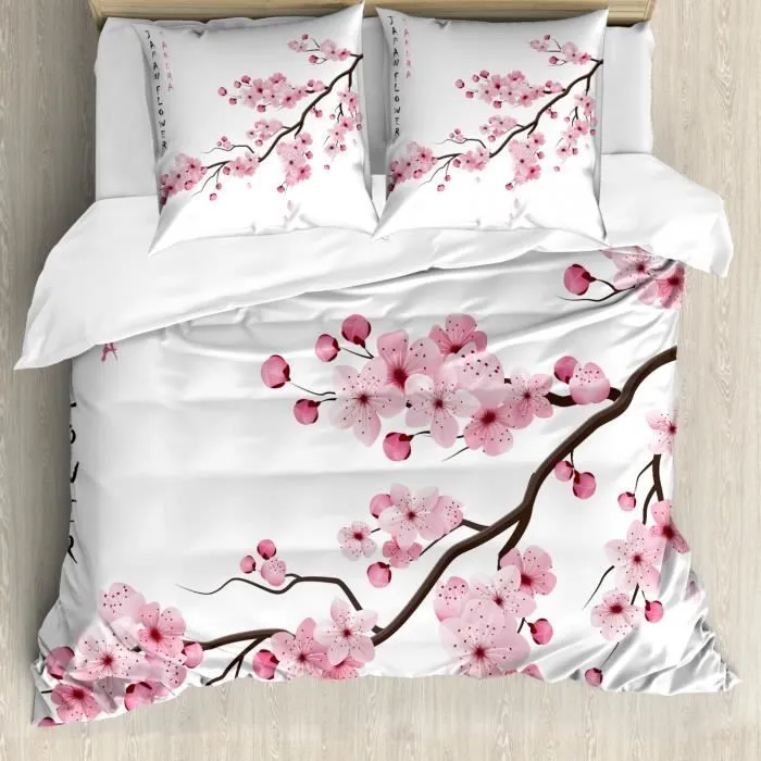 Abakuhaus asiatique Parure de couette, Cherry Branch japonaise, rose Blanc, 200 cm x 200 cm-2