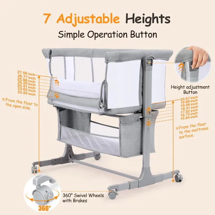 Lit Bébé Cododo 3 en 1, Lit Parapluie à 10 kg,Hauteur Réglable 7 Niveaux,avec Matelas, Côté Repliable,Maille Respirante, Gris clair-3