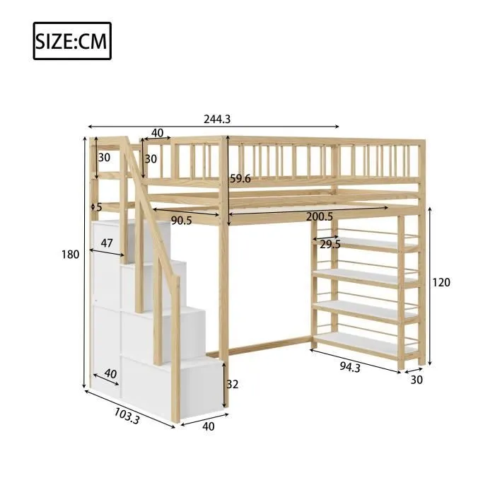 Lit mezzanine - DREAMMESPACE - 90x200cm - Bois massif - Armoire et étagères - Échelle de sécurité-3