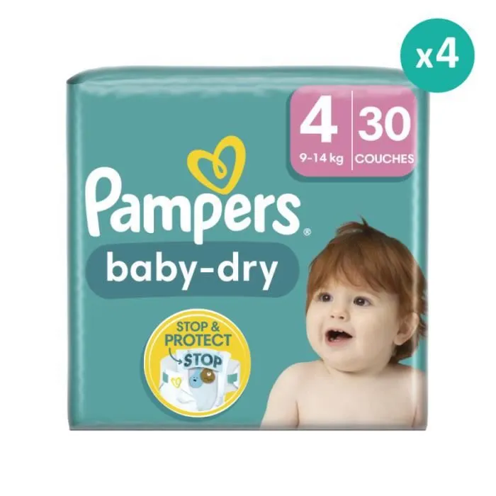 Couches Pampers Baby-Dry Taille 4 - Pack de 30 - 9kg à 14kg - Blanc - Mixte-0