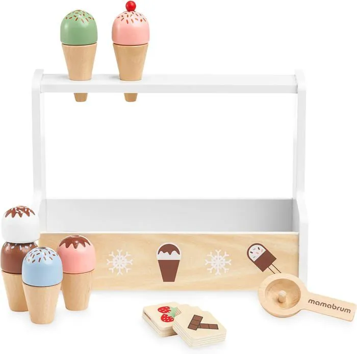 Marchand de Glace Enfant en Bois - Jouet d'immitation Commerçant - Mamabrum- Stand de crème glacée- 6 boules et accessoires- CE-0