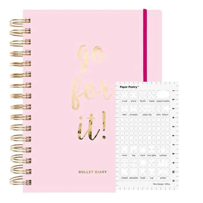 Agenda Bullet journal rose à spirales 96 feuilles + Pochoir icônes bureau-0